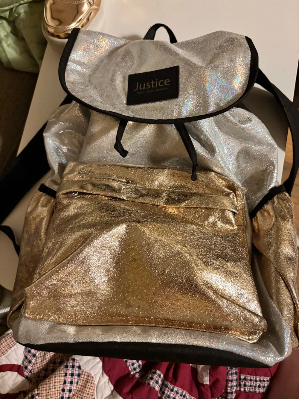 Justice Girls Metallic Gold Silver Shimmer Backpack Drawstring School Bag